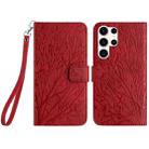 For Samsung Galaxy S23 Ultra Tree Birds Embossed Pattern Leather Phone Case(Red) - 1