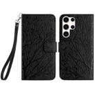 For Samsung Galaxy S23 Ultra Tree Birds Embossed Pattern Leather Phone Case(Black) - 1