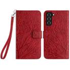 For Samsung Galaxy S22+ 5G Tree Birds Embossed Pattern Leather Phone Case(Red) - 1