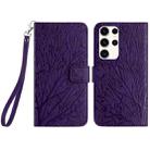 For Samsung Galaxy S22 Ultra 5G Tree Birds Embossed Pattern Leather Phone Case(Purple) - 1