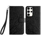 For Samsung Galaxy S22 Ultra 5G Tree Birds Embossed Pattern Leather Phone Case(Black) - 1