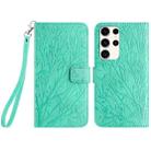 For Samsung Galaxy S22 Ultra 5G Tree Birds Embossed Pattern Leather Phone Case(Green) - 1
