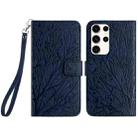 For Samsung Galaxy S22 Ultra 5G Tree Birds Embossed Pattern Leather Phone Case(Blue) - 1