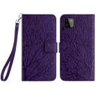 For Samsung Galaxy A22 5G Tree Birds Embossed Pattern Leather Phone Case(Purple) - 1