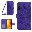 For Sony Xperia 10 VI Skin Feel Sun Flower Embossed Flip Leather Phone Case with Lanyard(Dark Purple) - 1