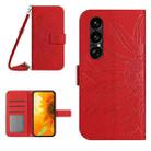 For Sony Xperia 1 VII Skin Feel Sun Flower Embossed Flip Leather Phone Case with Lanyard(Red) - 1