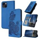 For iPhone 14 Plus Datura Flower Embossed Flip Leather Phone Case(Blue) - 1