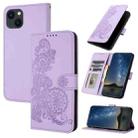 For iPhone 15 Datura Flower Embossed Flip Leather Phone Case(Purple) - 1