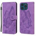 For iPhone 15 Pro Retro Skin Feel Butterflies Embossing Leather Phone Case(Purple) - 1