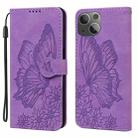 For iPhone 15 Plus Retro Skin Feel Butterflies Embossing Leather Phone Case(Purple) - 1