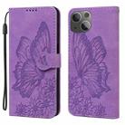 For iPhone 15 Retro Skin Feel Butterflies Embossing Leather Phone Case(Purple) - 1