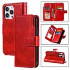 For iPhone 15 Pro Tri-Fold 9-Card Wallets Leather Phone Case(Red) - 1