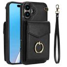 For iPhone 16 Plus Ring Holder RFID Card Slot Phone Case(Black) - 1