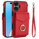 For iPhone 16 Ring Holder RFID Card Slot Phone Case(Red) - 1