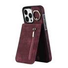 For iPhone 15 Pro Retro Ring and Zipper RFID Card Slot Phone Case(Wine Red) - 1