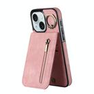 For iPhone 15 Retro Ring and Zipper RFID Card Slot Phone Case(Pink) - 1