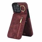 For iPhone 16 Pro Retro Ring and Zipper RFID Card Slot Phone Case(Wine Red) - 1