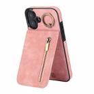 For iPhone 16 Plus Retro Ring and Zipper RFID Card Slot Phone Case(Pink) - 1