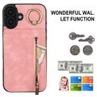 For iPhone 16 Plus Retro Ring and Zipper RFID Card Slot Phone Case(Pink) - 2