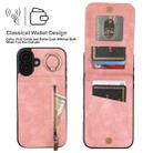 For iPhone 16 Plus Retro Ring and Zipper RFID Card Slot Phone Case(Pink) - 3