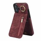 For iPhone 16 Plus Retro Ring and Zipper RFID Card Slot Phone Case(Wine Red) - 1