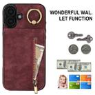 For iPhone 16 Plus Retro Ring and Zipper RFID Card Slot Phone Case(Wine Red) - 2