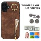 For iPhone 16 Plus Retro Ring and Zipper RFID Card Slot Phone Case(Brown) - 2