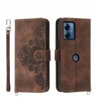 For Motorola Moto G14 Skin-feel Flowers Embossed Wallet Leather Phone Case(Brown) - 1