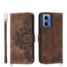 For Motorola Moto G34 Skin Feel Flowers Embossed Wallet Leather Phone Case(Brown) - 1
