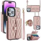 For iPhone 15 Pro Max Crossbody Rhombic Horizontal Wallet Leather Phone Case(Rose Gold) - 1