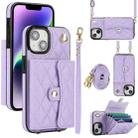 For iPhone 15 Plus Crossbody Rhombic Horizontal Wallet Leather Phone Case(Purple) - 1