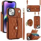 For iPhone 15 Plus Crossbody Rhombic Horizontal Wallet Leather Phone Case(Brown) - 1
