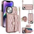 For iPhone 14 Crossbody Rhombic Horizontal Wallet Leather Phone Case(Rose Gold) - 1