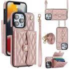 For iPhone 13 Pro Crossbody Rhombic Horizontal Wallet Leather Phone Case(Rose Gold) - 1