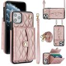 For iPhone 12 / 12 Pro Crossbody Rhombic Horizontal Wallet Leather Phone Case(Rose Gold) - 1