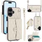 For iPhone 16 Plus Crossbody Rhombic Horizontal Wallet Leather Phone Case(White) - 1