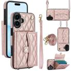 For iPhone 16 Plus Crossbody Rhombic Horizontal Wallet Leather Phone Case(Rose Gold) - 1