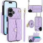 For iPhone 16 Plus Crossbody Rhombic Horizontal Wallet Leather Phone Case(Purple) - 1