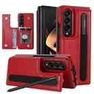 For Samsung Galaxy Z Fold4 Double Buckle Card Slot Foldable Phone Case with Pen Slot(Red) - 1