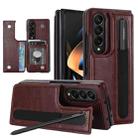 For Samsung Galaxy Z Fold4 Double Buckle Card Slot Foldable Phone Case with Pen Slot(Brown) - 1