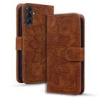 For Samsung Galaxy A36 / A56 Mandala Embossed Dual-Fold Calf Leather Phone Case(Brown) - 1
