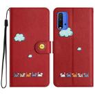 For Xiaomi Redmi 9T Cartoon Cats Leather Phone Case(Red) - 1