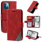 For iPhone 15 Skin Feel Splicing Leather Phone Case(Red) - 1