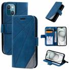 For iPhone 15 Plus Skin Feel Splicing Leather Phone Case(Blue) - 1