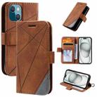 For iPhone 15 Plus Skin Feel Splicing Leather Phone Case(Brown) - 1