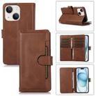 For iPhone 15 Plus Wristband Card Slot Leather Phone Case(Coffee) - 1