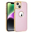 For iPhone 14 Electroplated Leather Texture PU + PC Phone Case(Pink) - 1