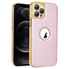 For iPhone 12 Pro Electroplated Leather Texture PU + PC Phone Case(Pink) - 1