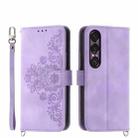 For Sony Xperia 1 VII Skin-feel Flowers Embossed Wallet Leather Phone Case(Purple) - 1