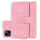 For iPhone 15 Mandala Embossed Dual-Fold Calf Leather Phone Case(Pink) - 1